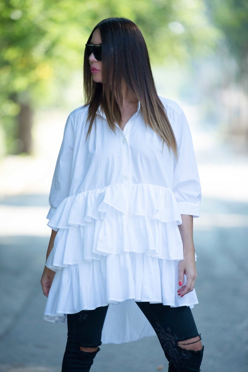 White Flounces Loose Summer Shirt NOOR - EUG Fashion