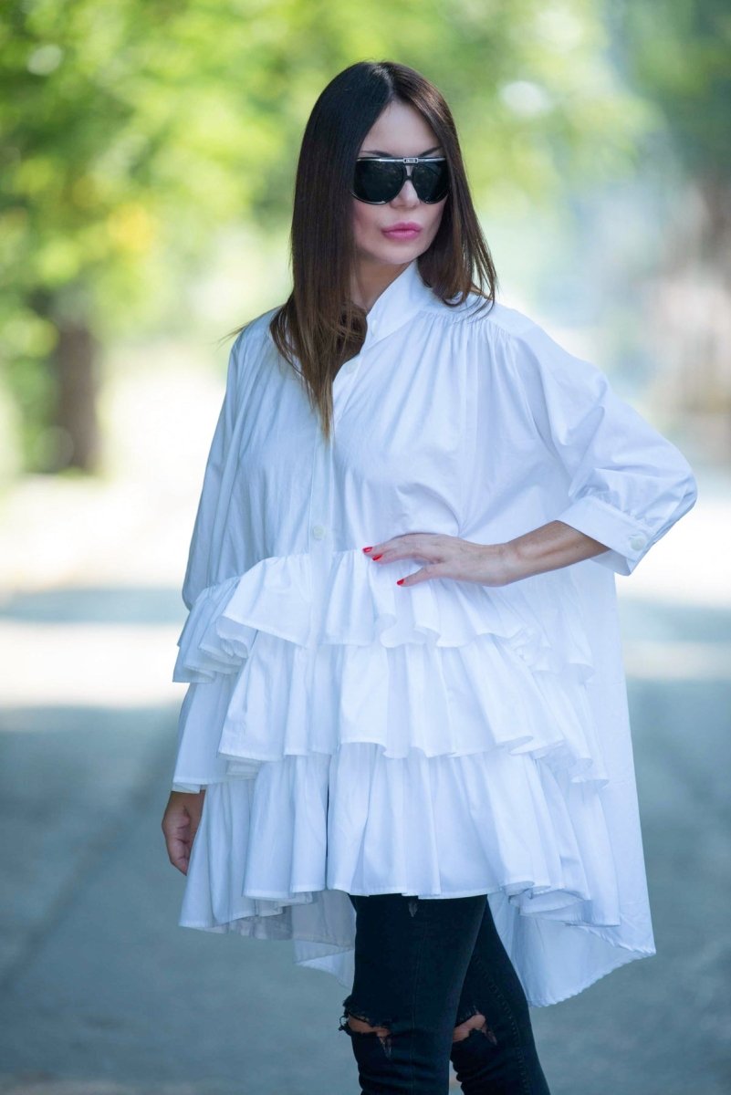 White Flounces Loose Summer Shirt NOOR - EUG Fashion