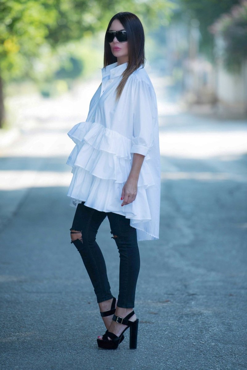 White Flounces Loose Summer Shirt NOOR - EUG Fashion