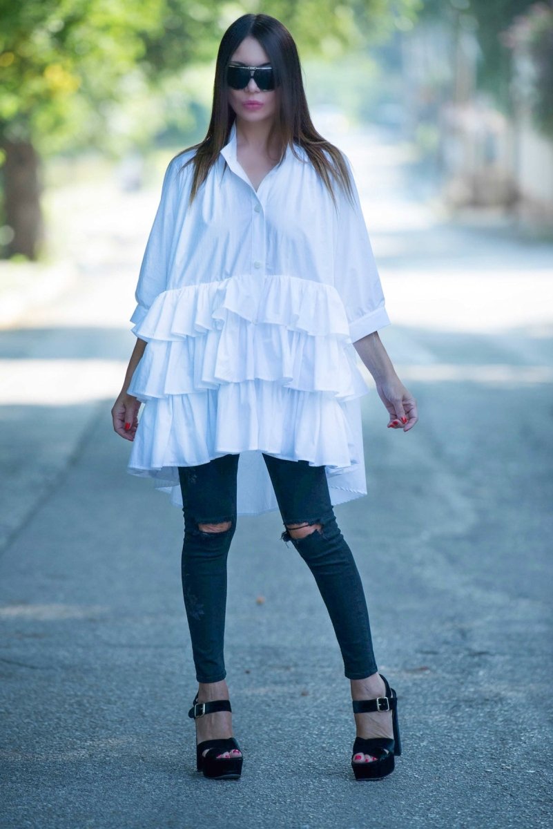 White Flounces Loose Summer Shirt NOOR - EUG Fashion