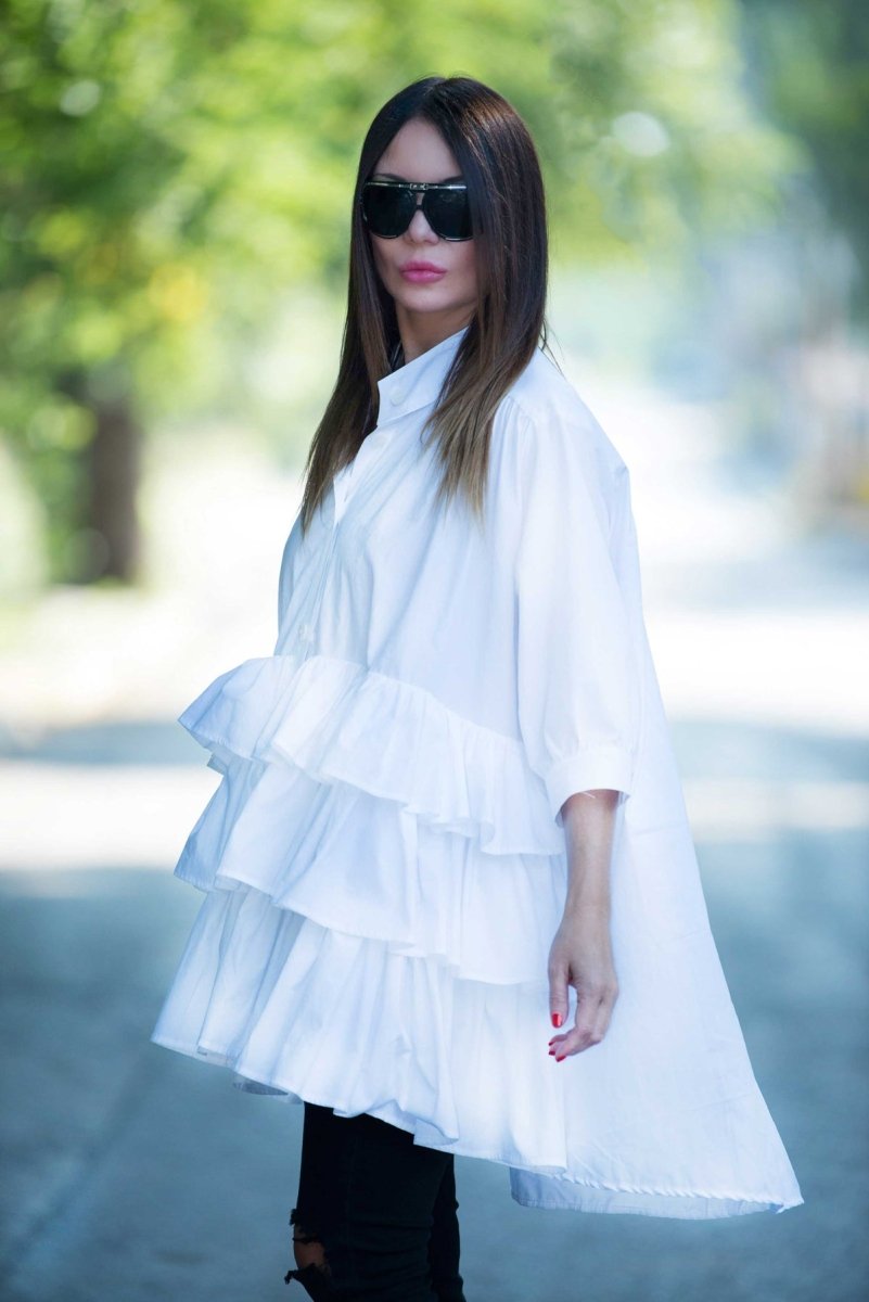 White Flounces Loose Summer Shirt NOOR - EUG Fashion