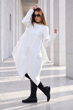Off white asymmetric poncho dress Holly with belt and back zip - EUG Fashion #off-white

