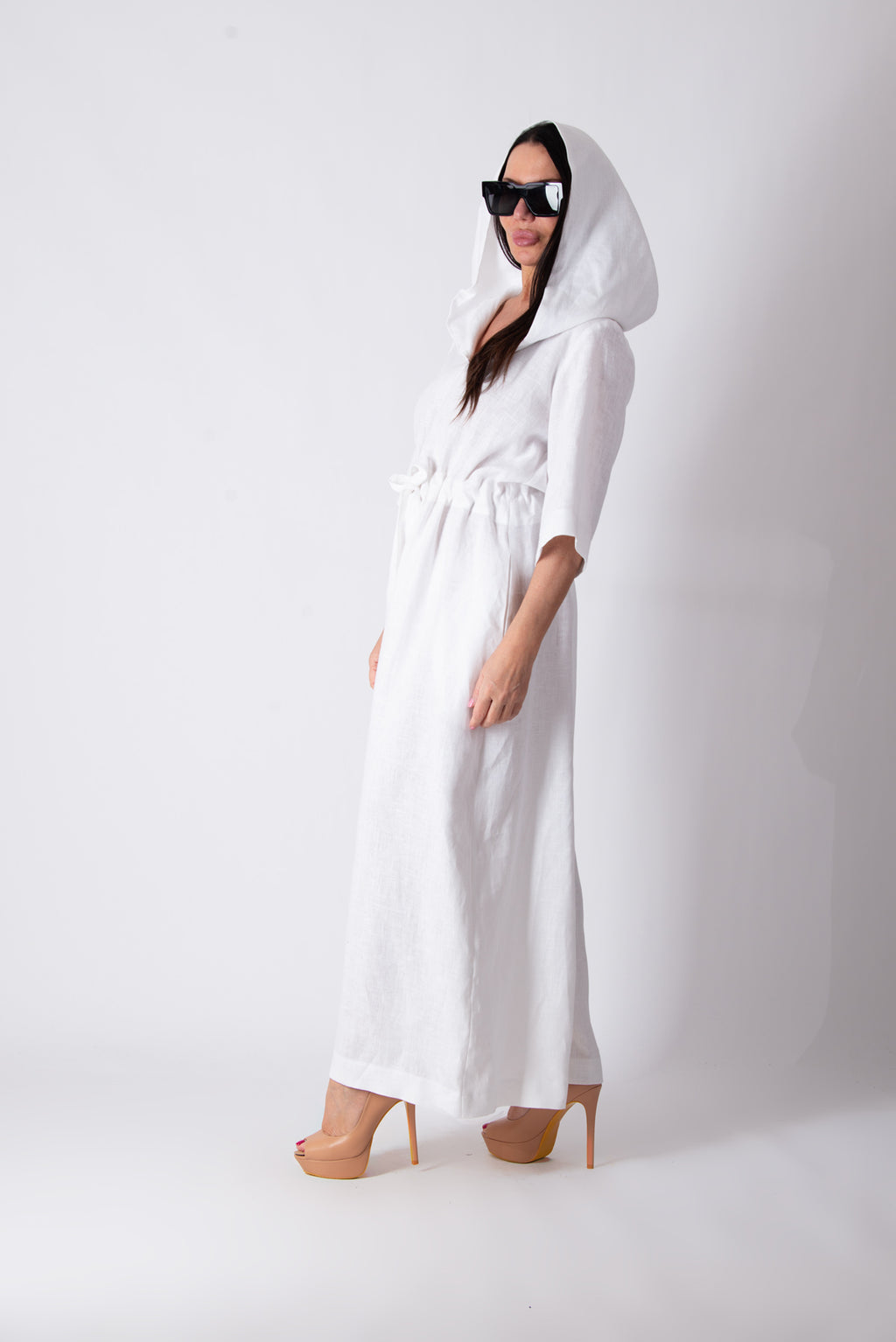 Hooded linen wide jumpsuit #white