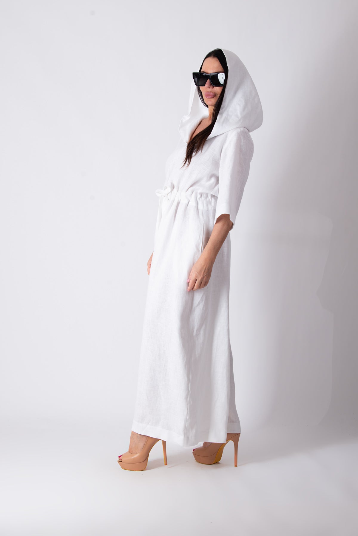 Hooded linen wide jumpsuit #white