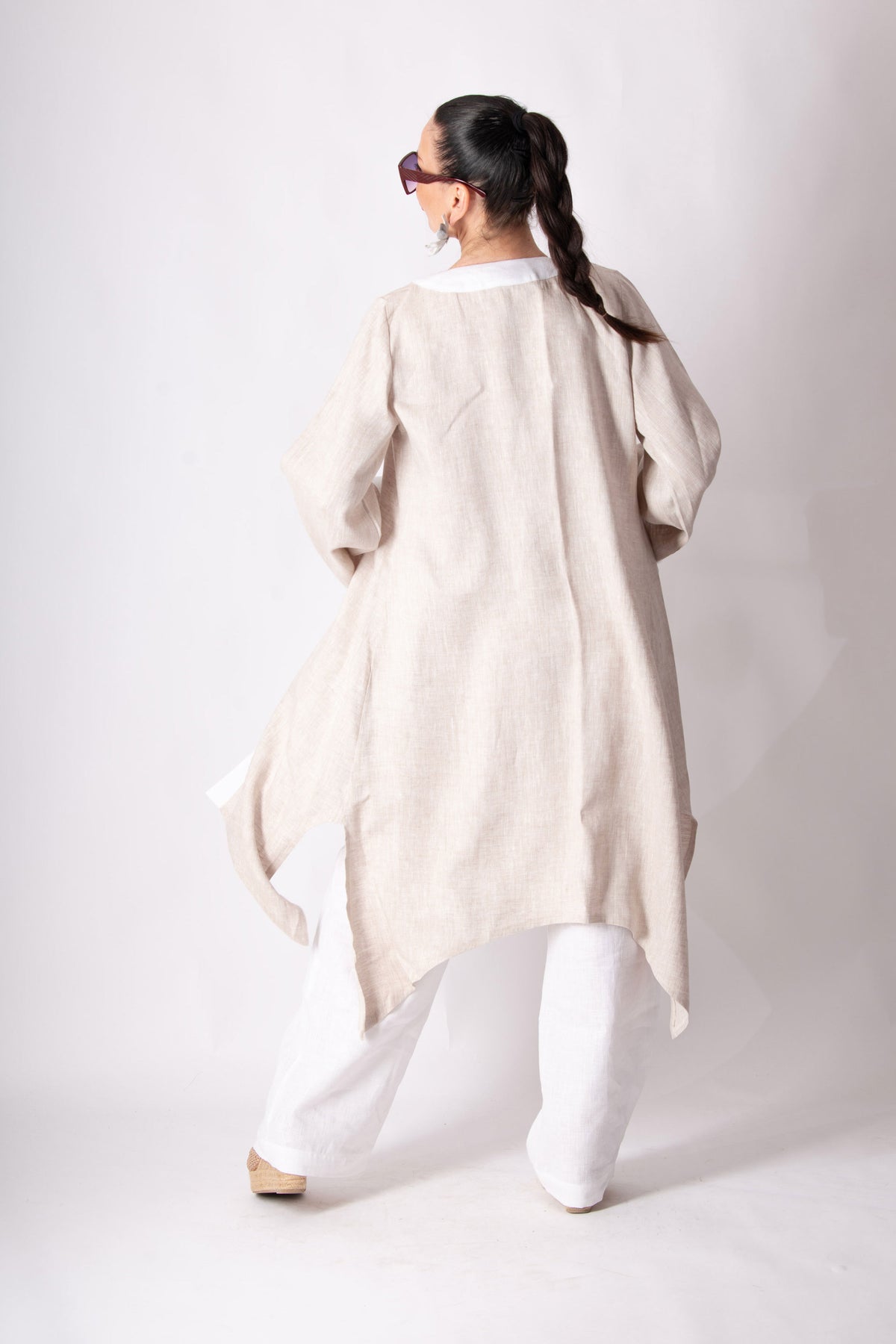 Natural wide linen vest with white trim on front and cuffs - wide sleeves, Genoa | EUG Fashion #natural
