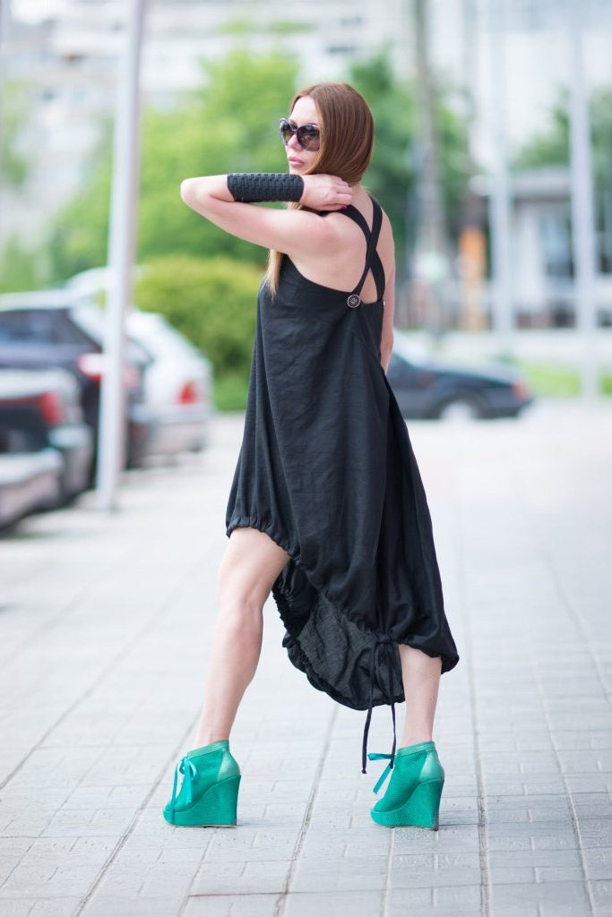 Linen Cross Back Balloon Dress