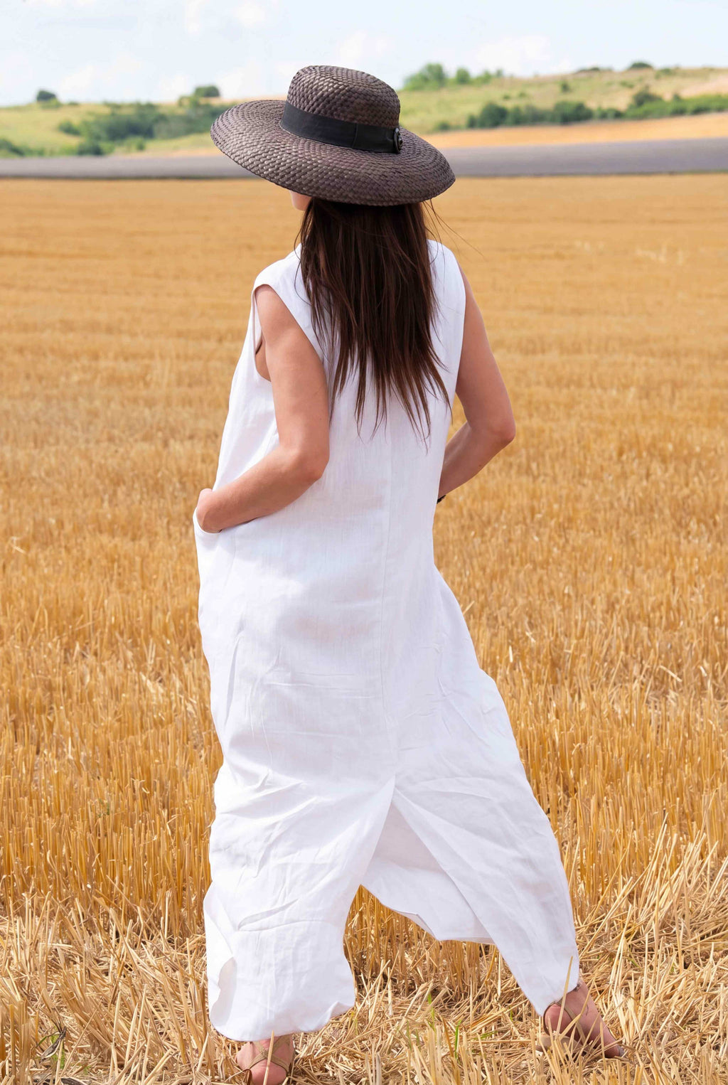 sleeveless maxi linen dress #white