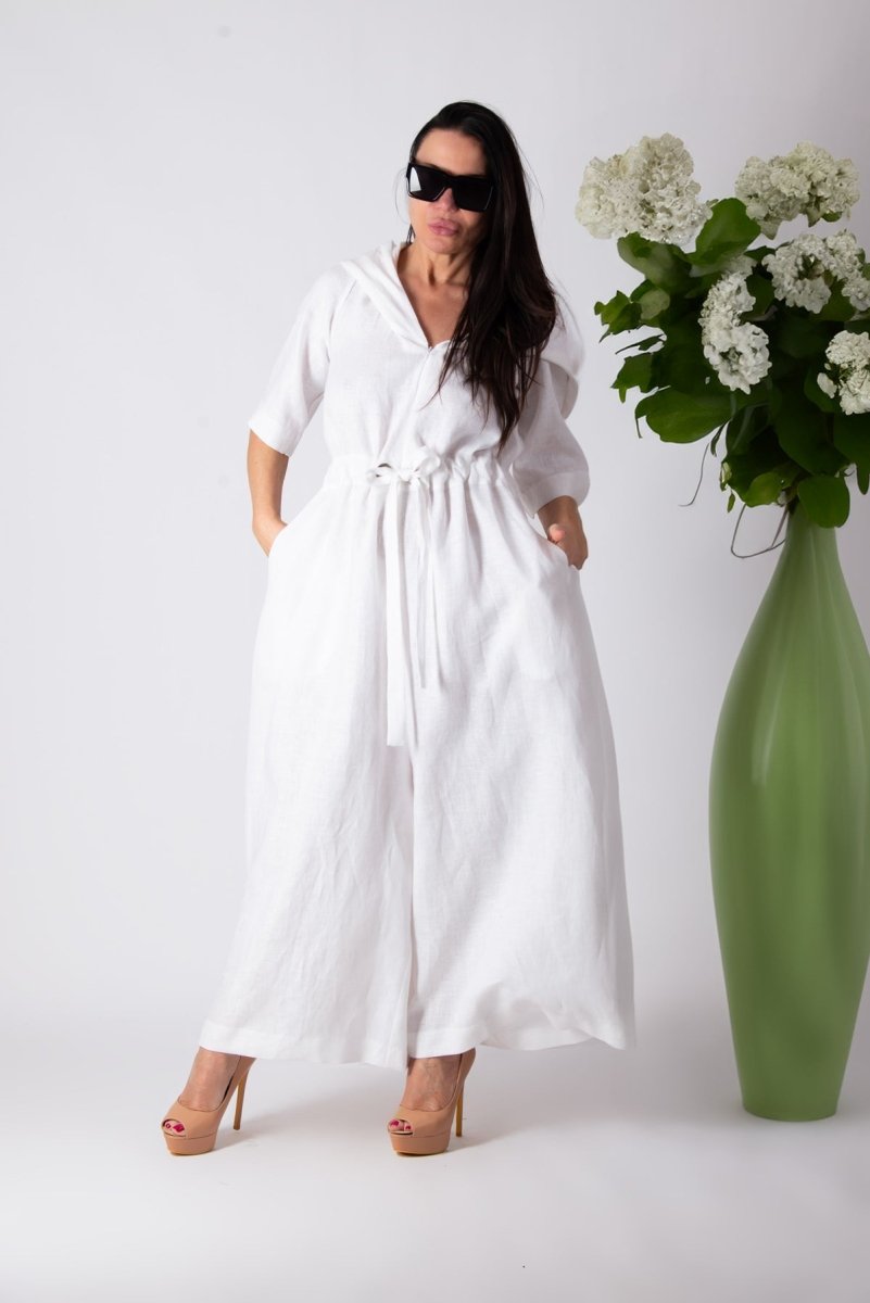 White Linen Hooded Jumpsuit REGINA - EUG Fashion EugFashion 