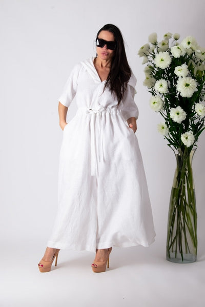 White Linen Hooded Jumpsuit REGINA - EUG Fashion EugFashion 