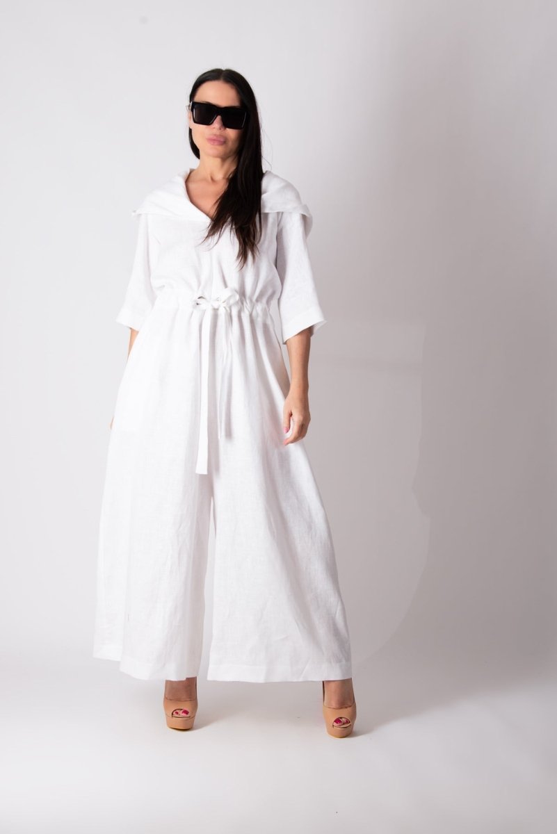 White Linen Hooded Jumpsuit REGINA - EUG Fashion