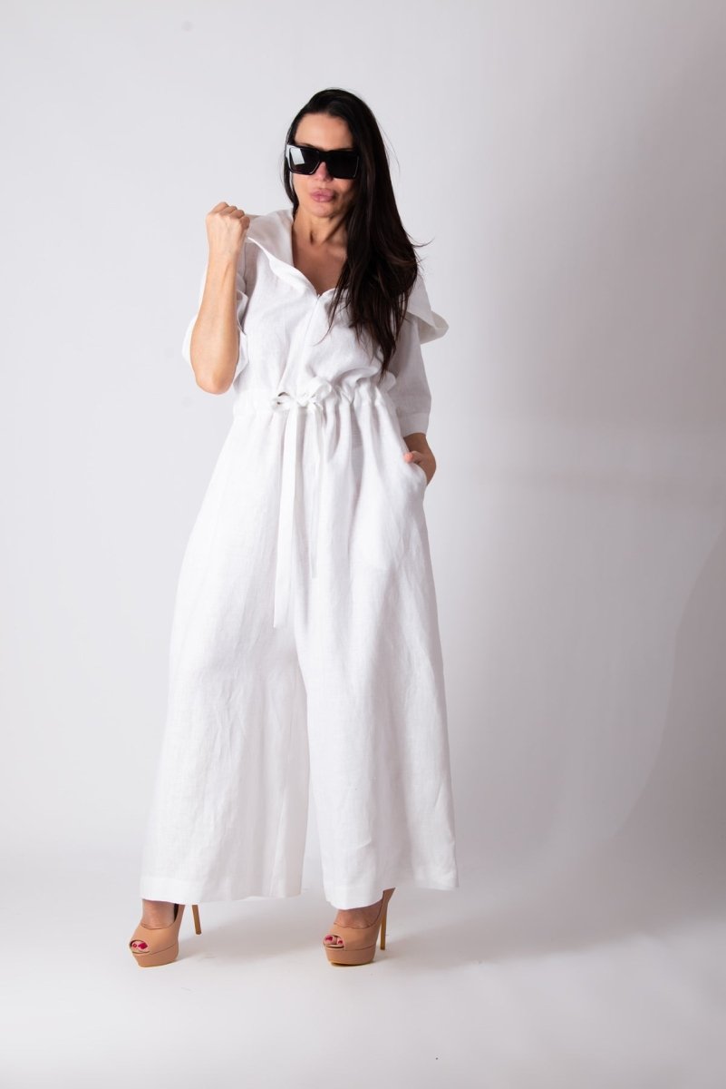 White Linen Hooded Jumpsuit REGINA - EUG Fashion