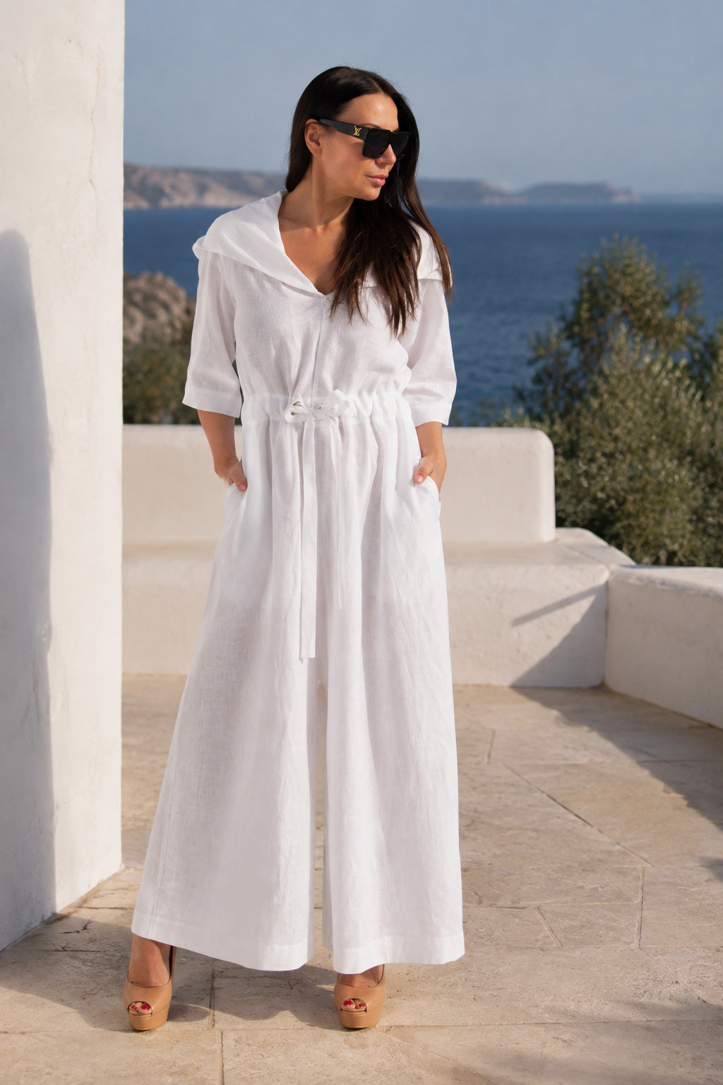 Hooded linen wide jumpsuit #white