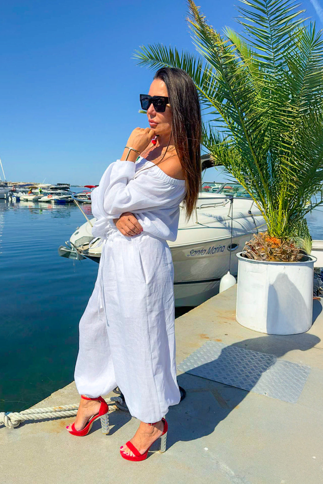 woman linen white jumpsuit