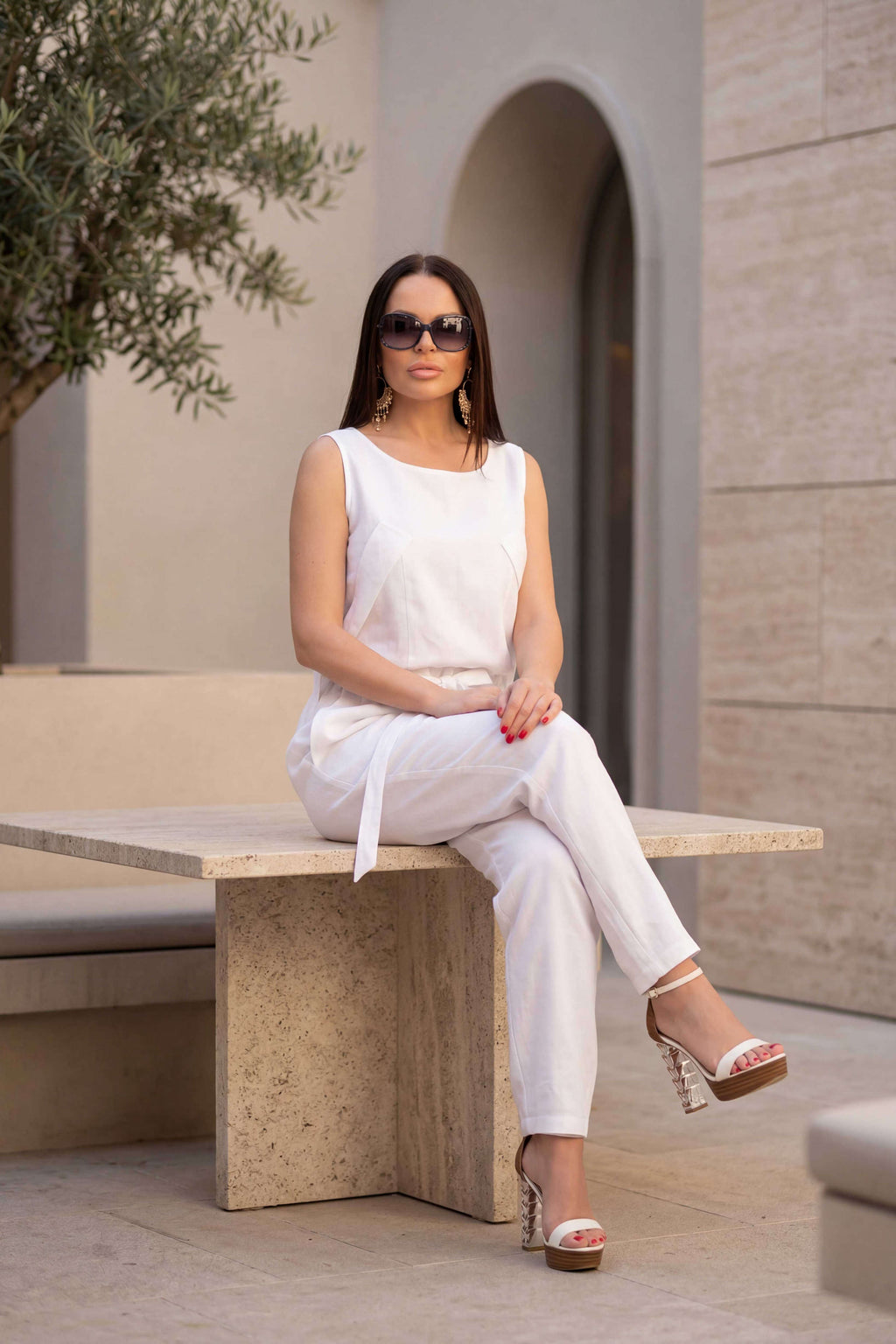 sleeveless linen jumpsuit #white