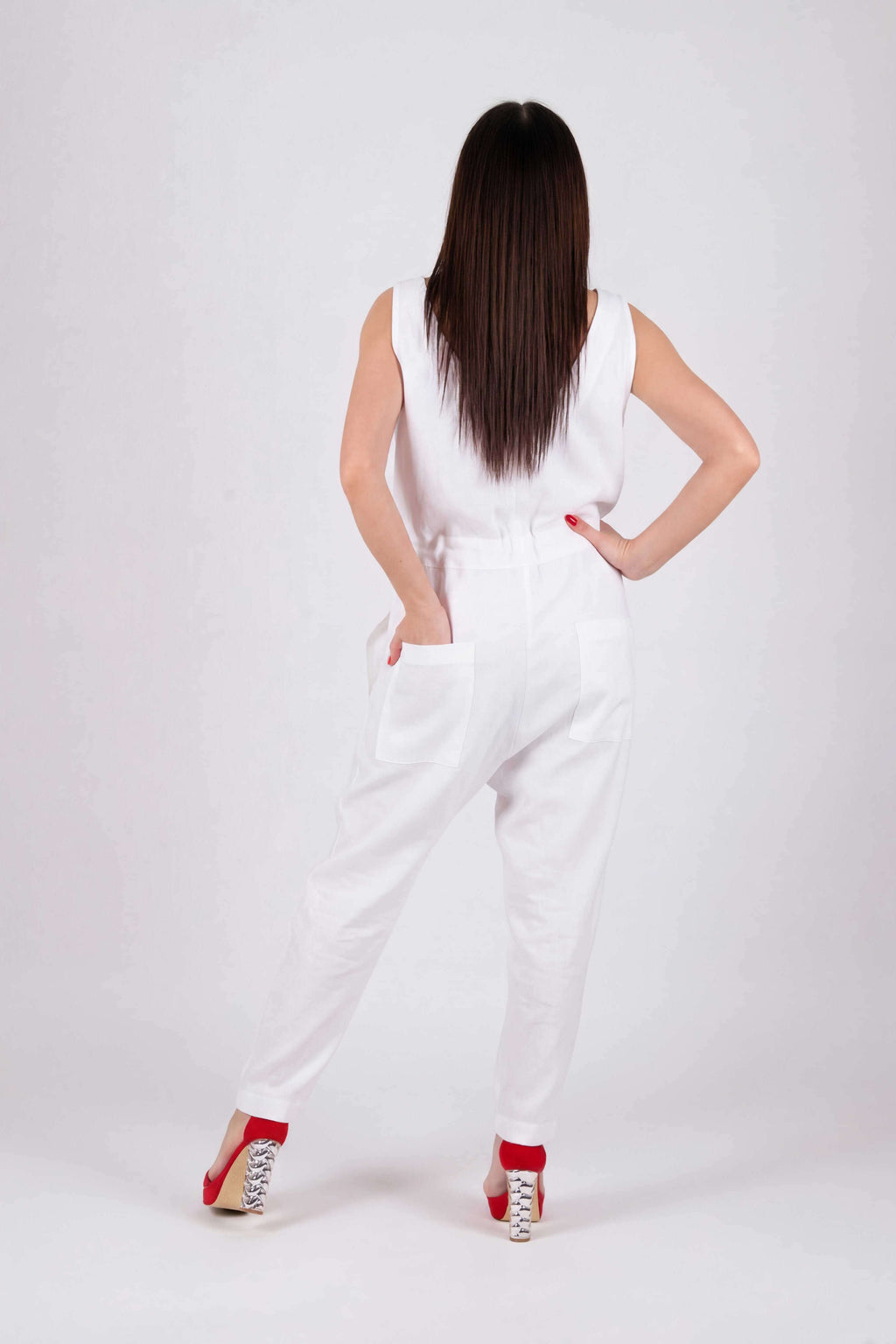 sleeveless linen jumpsuit #white