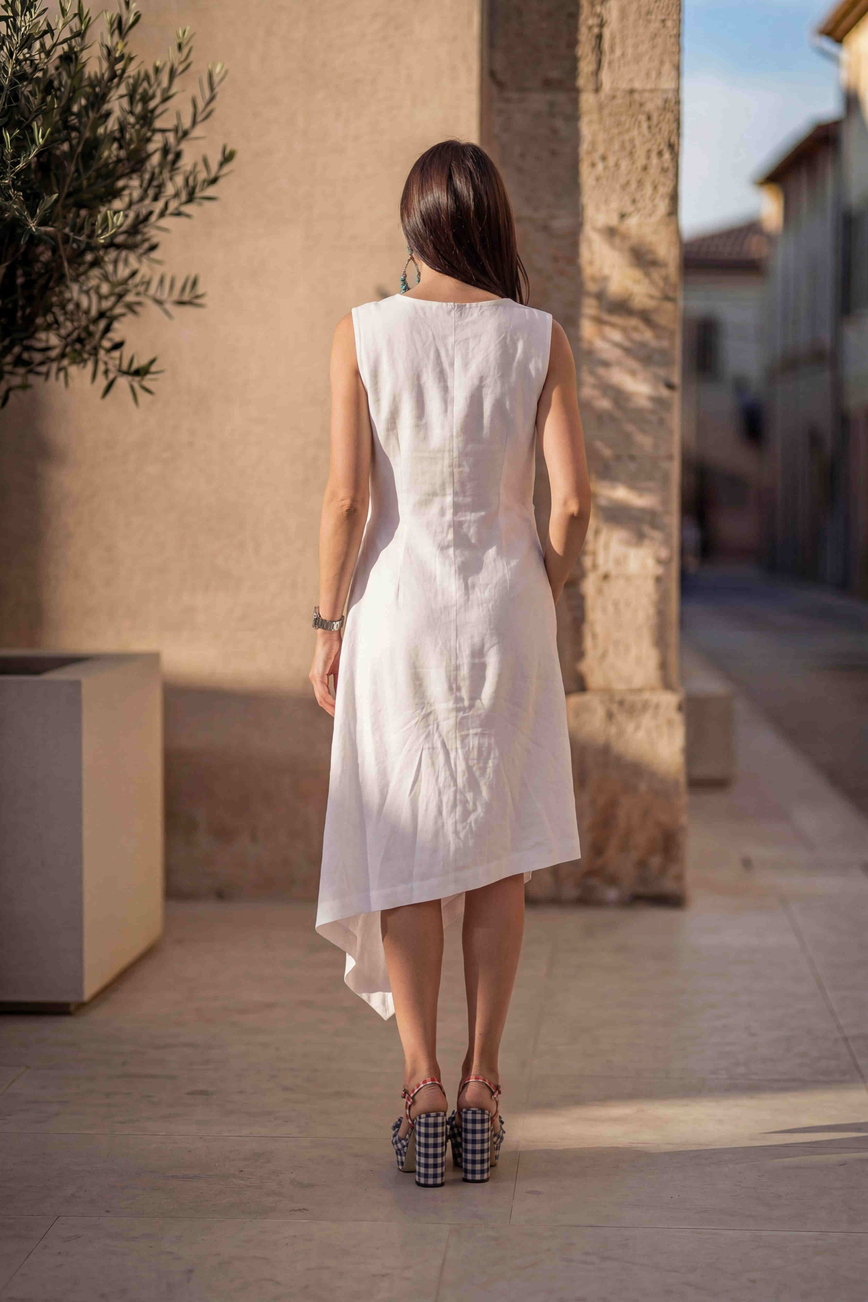 mid length woman linen wrap dress-Eug fashion #white