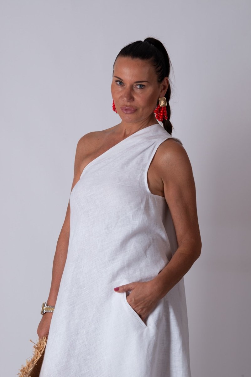 White Linen One Shoulder Dress TIFFANY - EUG Fashion EugFashion 