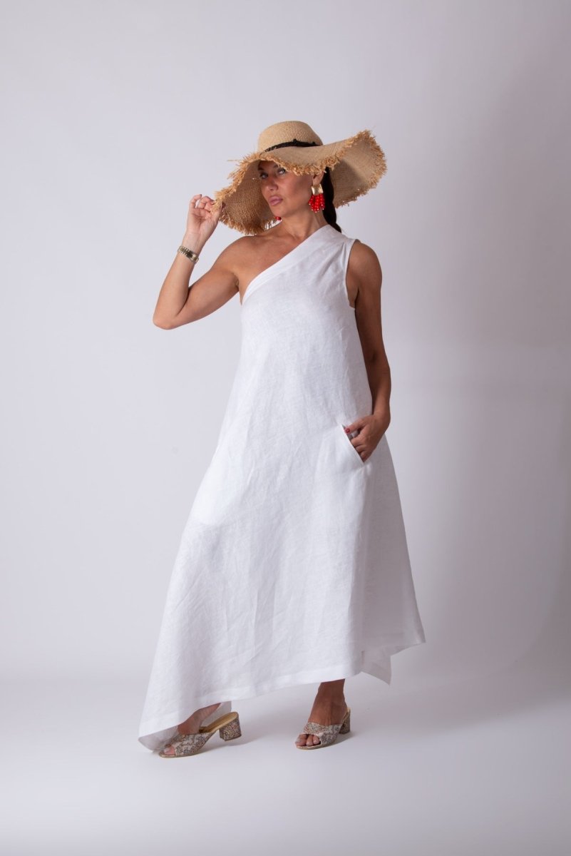 White Linen One Shoulder Dress TIFFANY - EUG Fashion EugFashion 