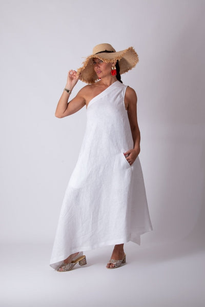 White Linen One Shoulder Dress TIFFANY - EUG Fashion EugFashion 