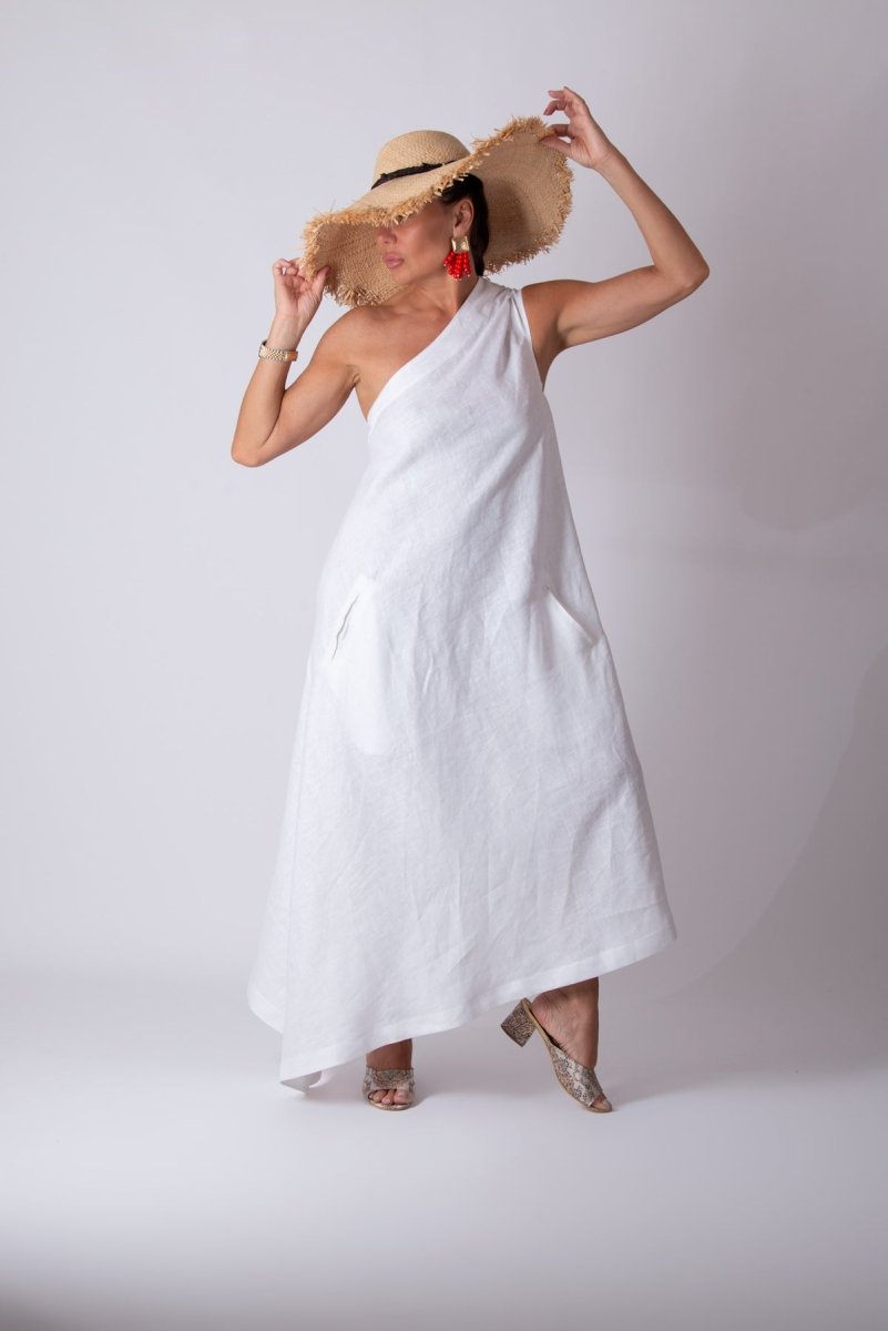 White Linen One Shoulder Dress TIFFANY - EUG Fashion EugFashion 