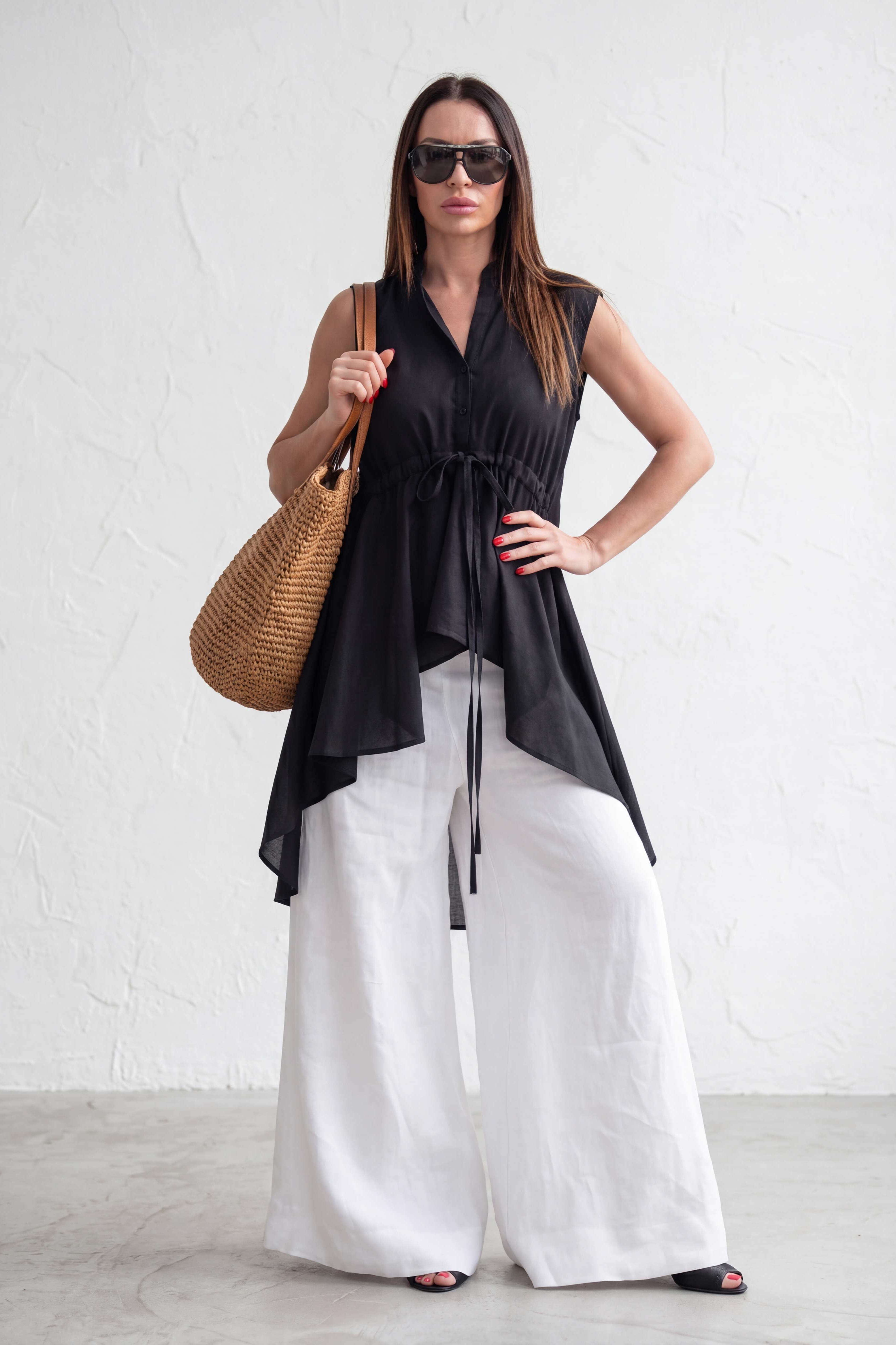 Linen wide leg pants #white