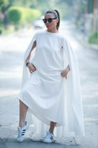 Linen woman elegant cape dress #white