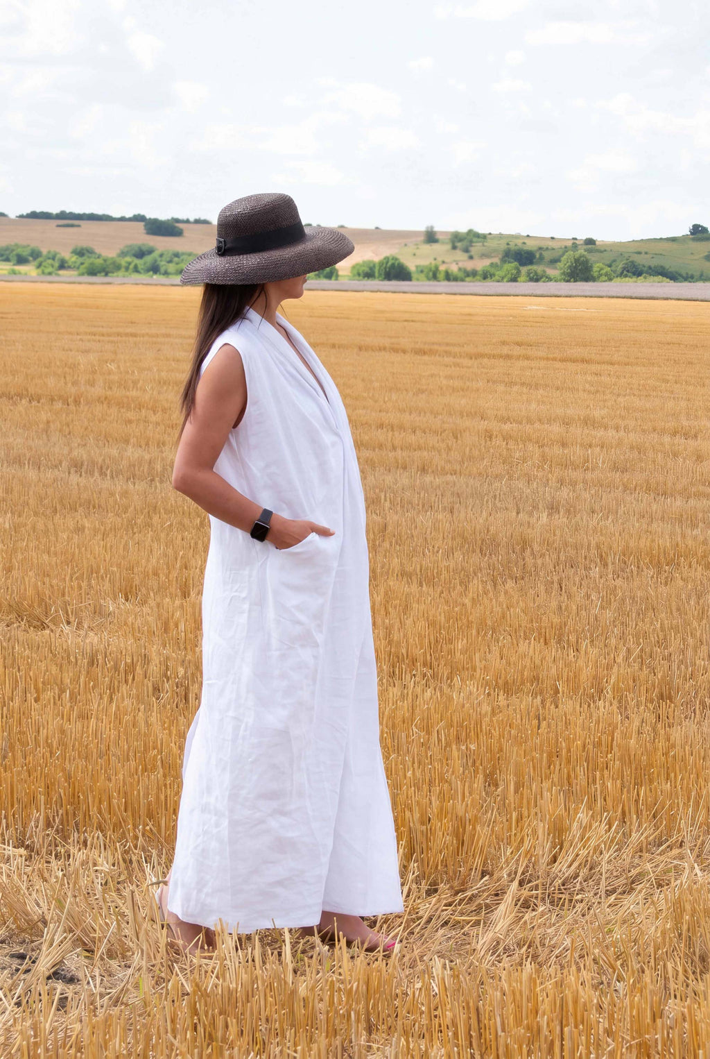 sleeveless maxi linen dress #white