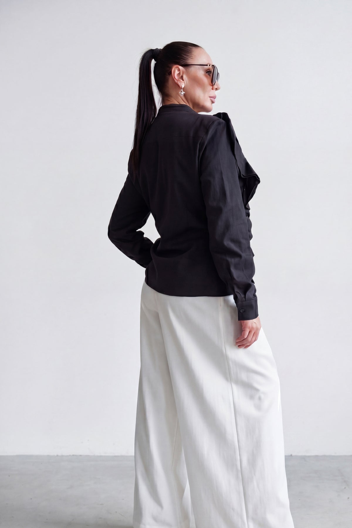 Black ruffle trim cotton shirt with high button-up closure and long cuffed sleeves, Ivana | EUG Fashion #black