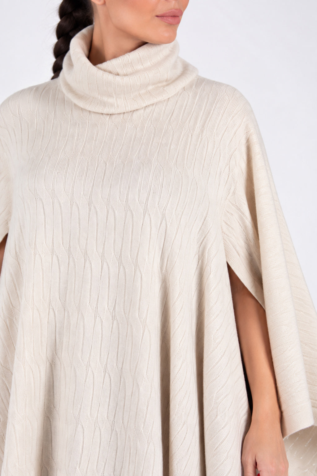 Off-white warm patterned knit poncho with turtleneck and arm openings - elegant over dresses, Eva | EUG Fashion #off-white
