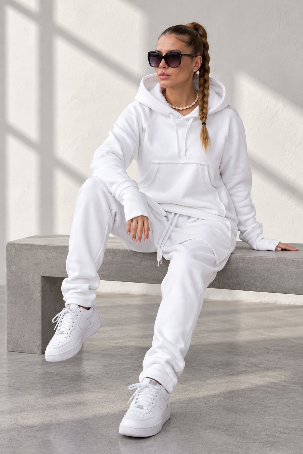 White cotton tracksuit with oversized hoodie and harem trousers - relaxed comfortable fit, Megan | EUG Fashion #white