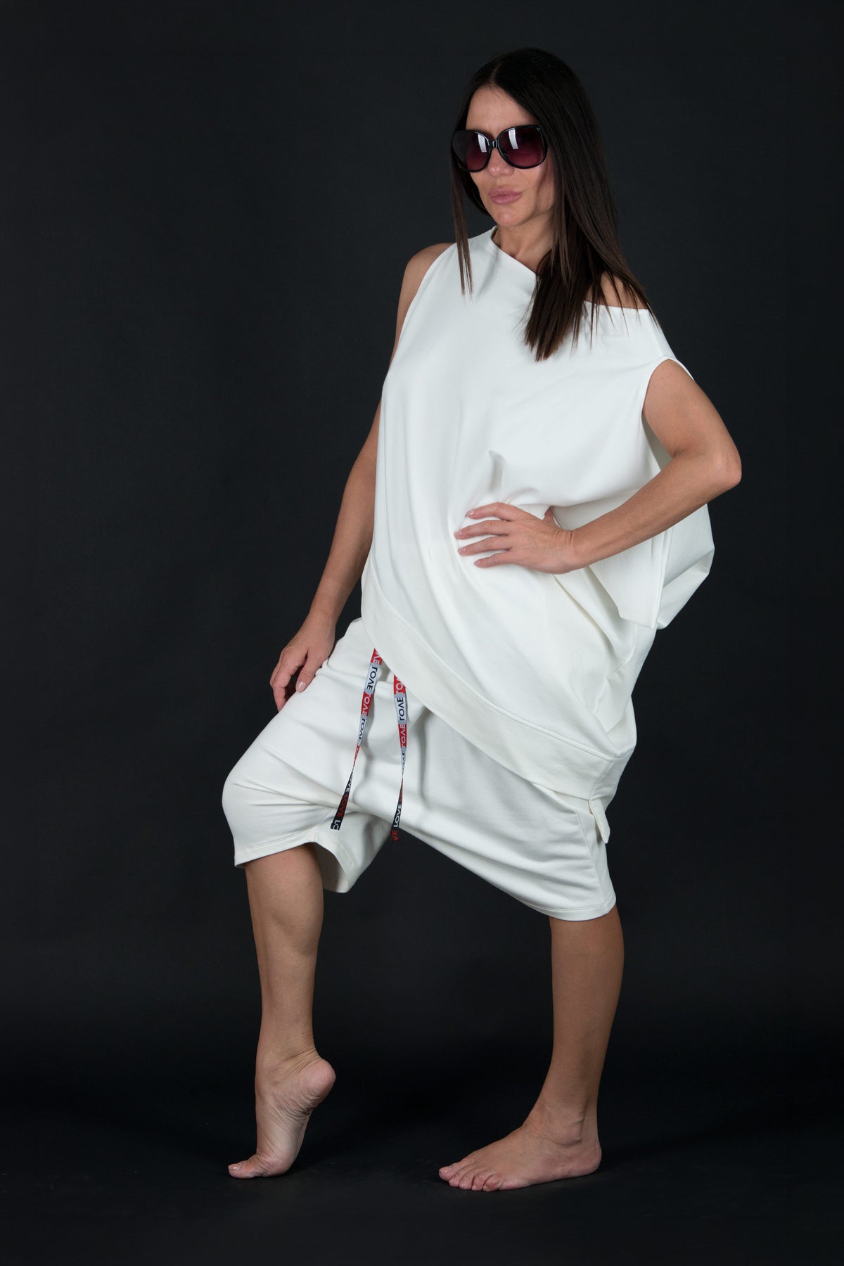 White French terry cotton set - asymmetric wrap top and elastic-waist harem pants, Piano | EUG Fashion #white