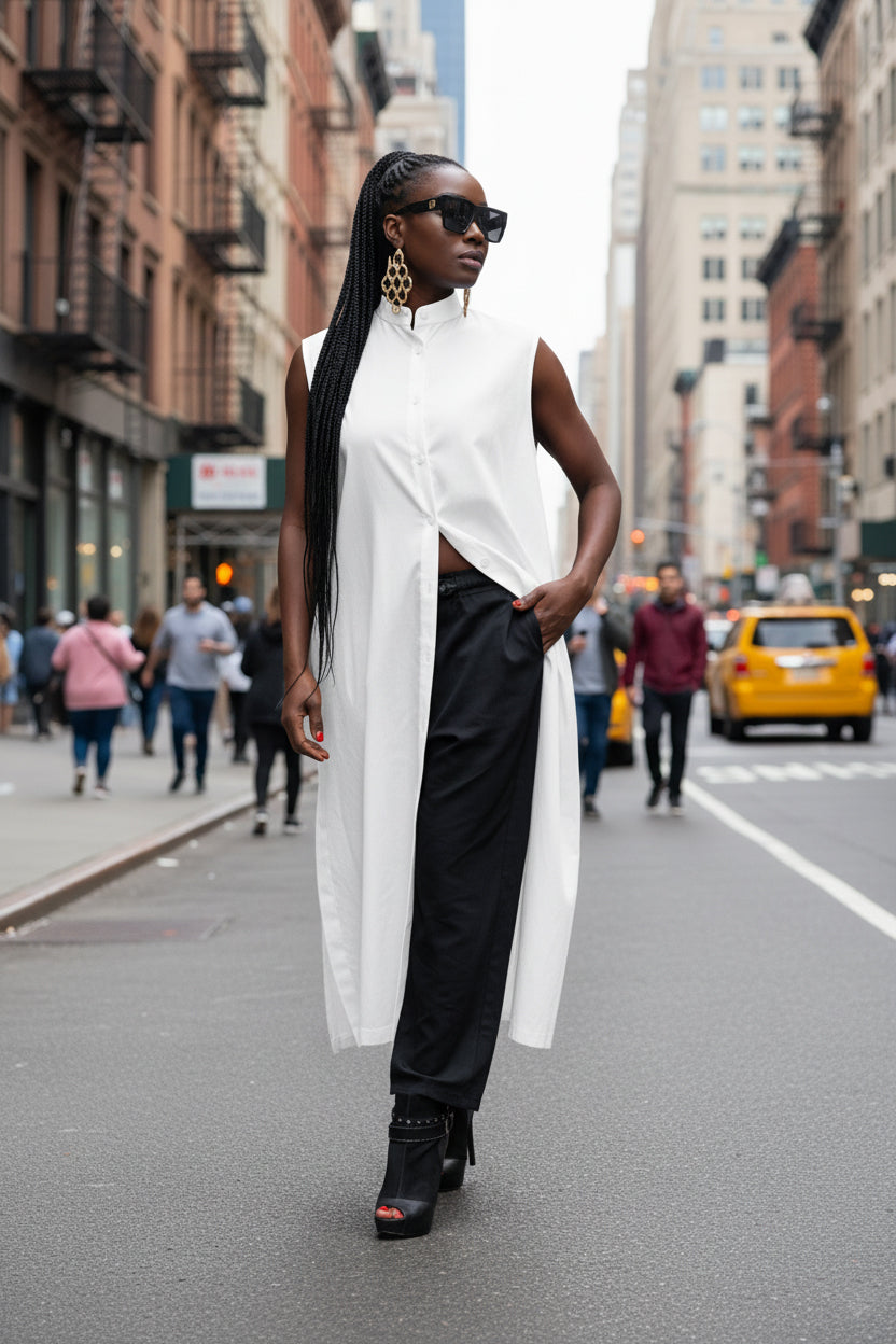 Woman in a white sleeveless top and black pants walking on a city street.