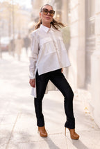 White asymmetric cotton shirt - large front pockets, high-low hem, long sleeves with buttoned cuffs, Anel | EUG Fashion #white
