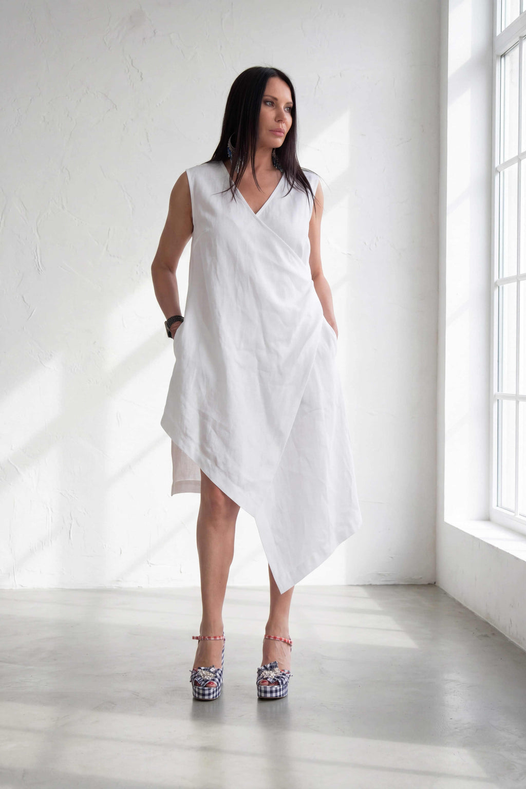mid length woman linen wrap dress-Eug fashion #white