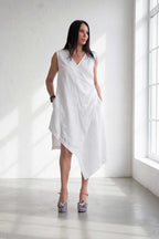 mid length woman linen wrap dress-Eug fashion #white