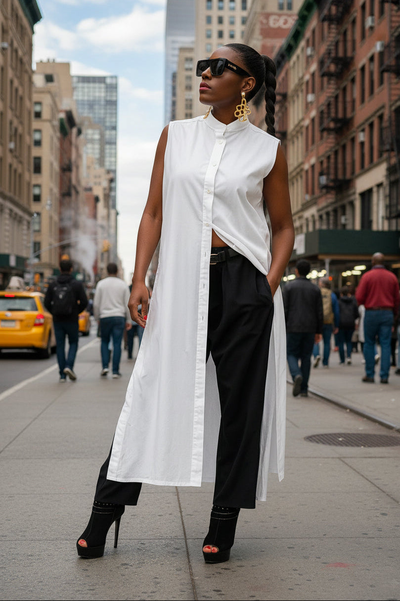 Woman in a white sleeveless shirt and black pants walking on a city street.