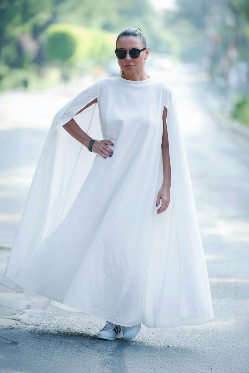 Linen woman elegant cape dress #white