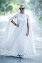 Linen woman elegant cape dress #white