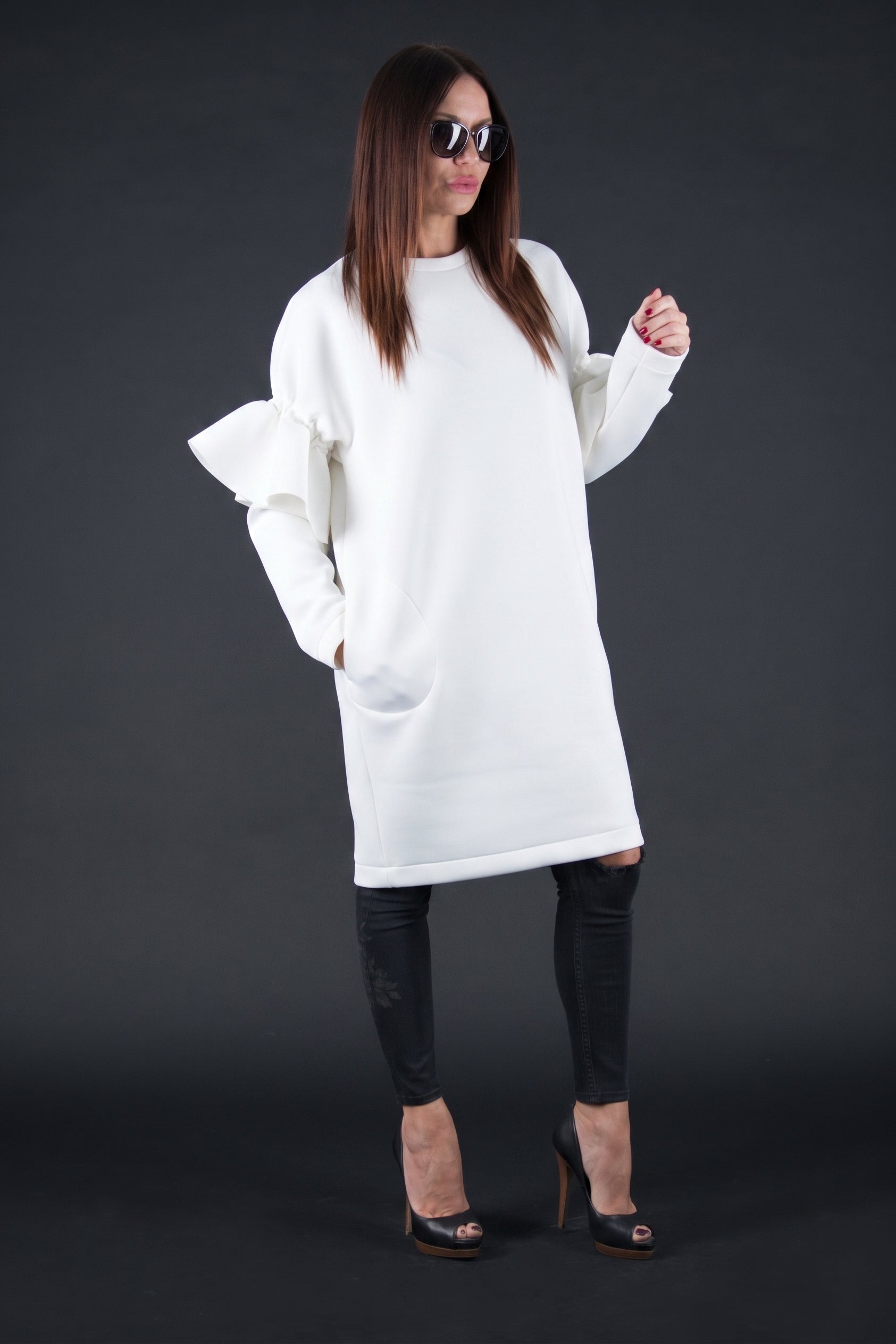 White neoprene knee-length dress Ester - EUG Fashion #white
