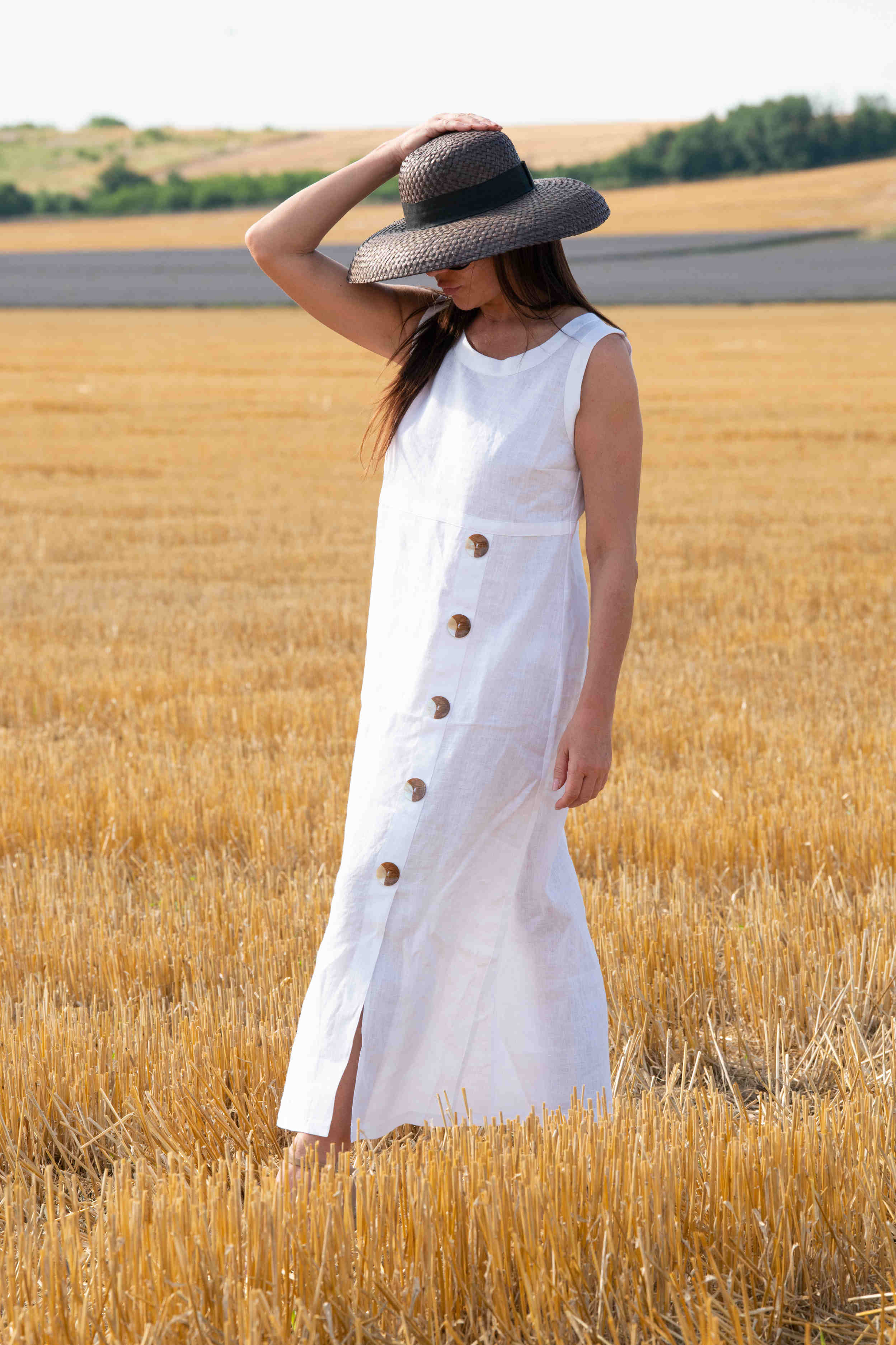linen elegant woman dress - eug fashion #white