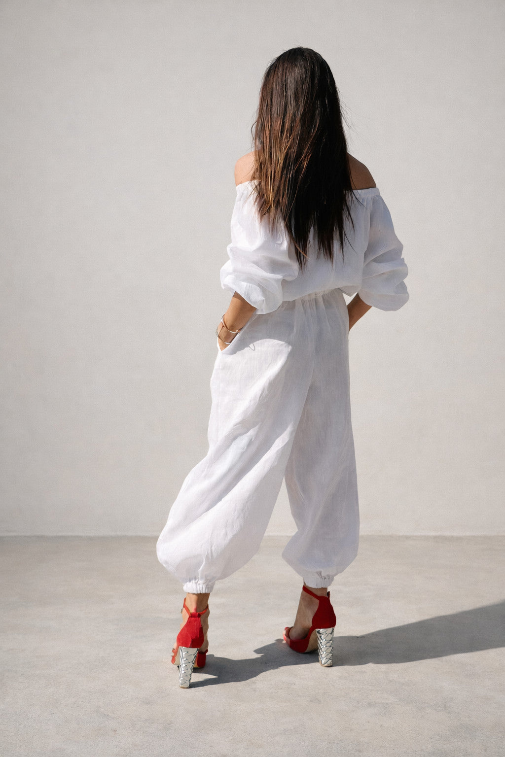 off shoulders linen jumpsuit #white