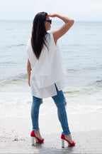 woman white linen top