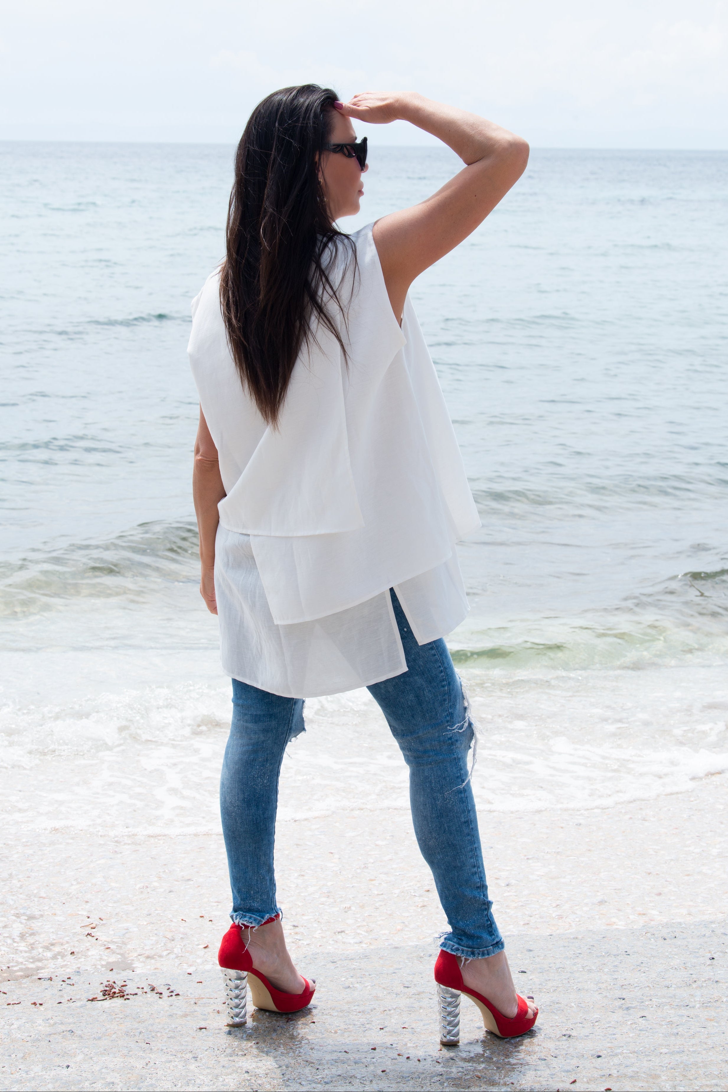 woman white linen top