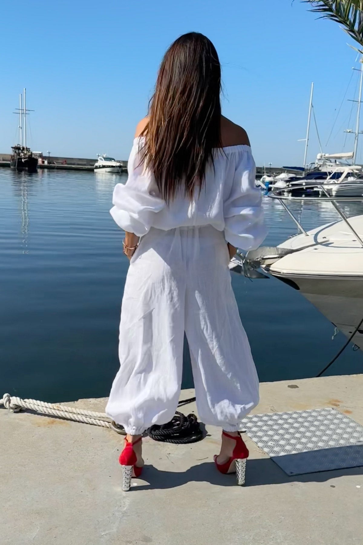 wide linen woman jumpsuit white color