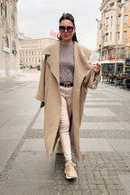 Beige bouclé cape coat Siri with wide shawl collar - EUG Fashion #beige
