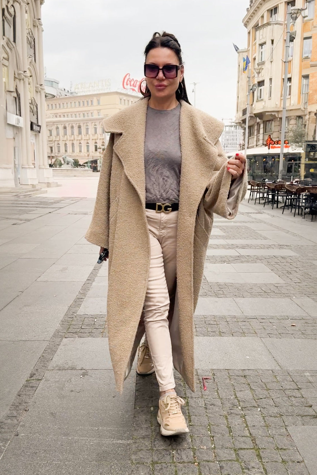 Beige bouclé cape coat Siri with wide shawl collar - EUG Fashion #beige
