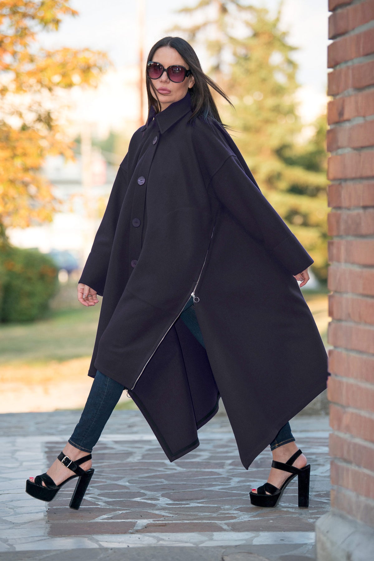 Black cashmere-feel cape coat with decorative side zippers and classic collar - asymmetric unlined design, Federica | EUG Fashion #black
