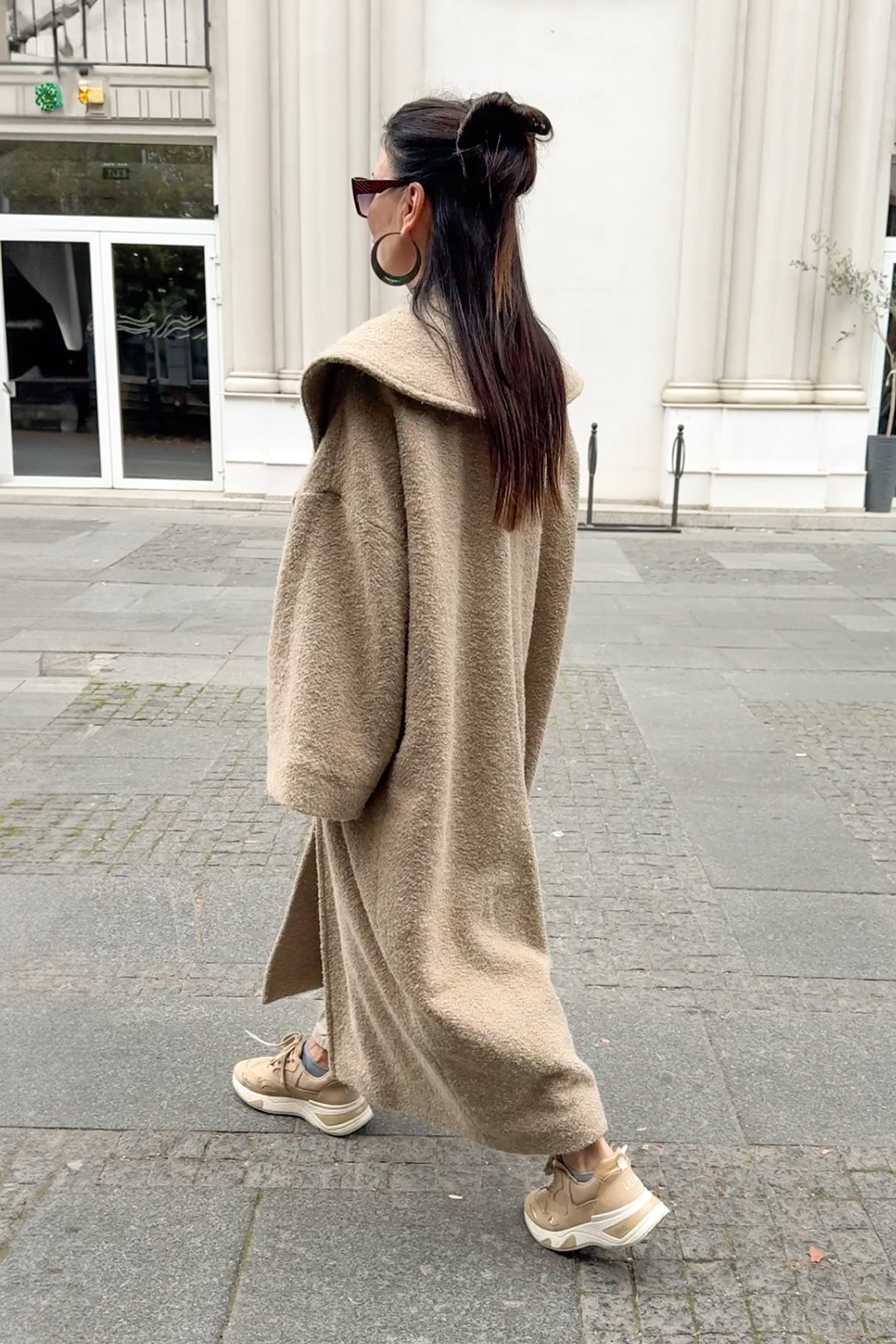 Beige bouclé cape coat Siri with wide shawl collar - EUG Fashion #beige