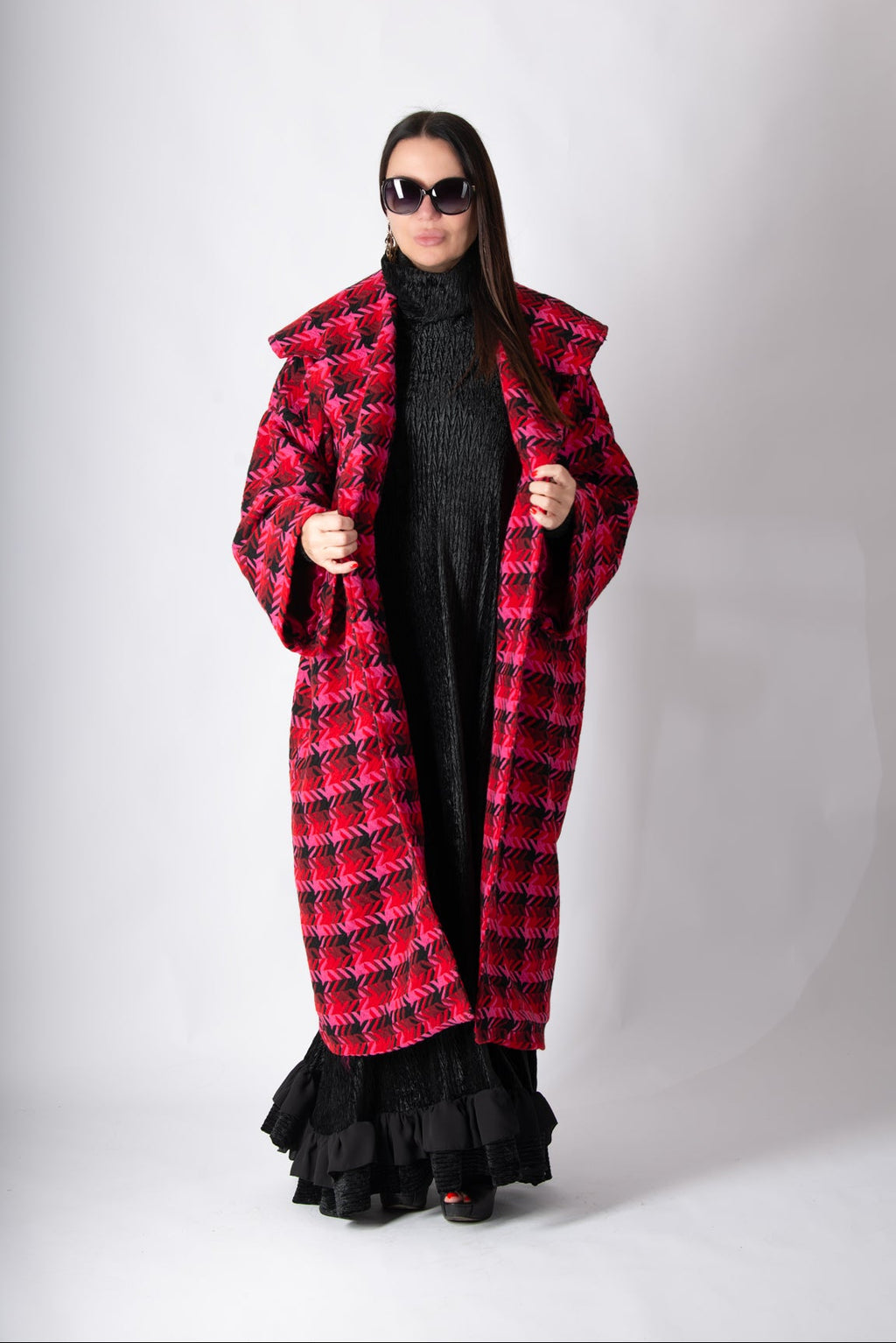 Hot pink houndstooth cape coat Siri with shawl collar - EUG Fashion #hot-pink

