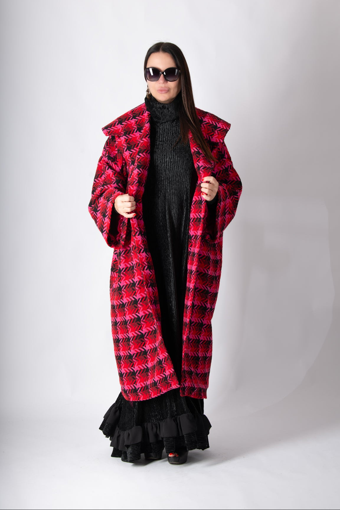 Hot pink houndstooth cape coat Siri with shawl collar - EUG Fashion #hot-pink
